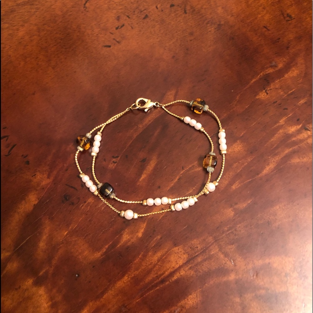 Faux pearl gold tone amber brown bead bracelet